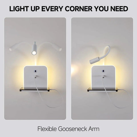 Plug-in & Hardwired LED Wall Sconce, Dimmable Wall Mount Reading Light with USB A & Type C Charging Ports, Flexible Gooseneck, Storage Shelf & Ambient Backlight, Matte White for Bedroom Bedside Hotel with two lighting options.