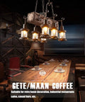 Rustic Farmhouse Linear Pendant Light With Wood Beam, Industrial Island Chandelier hanging over a wooden table in a cozy room.