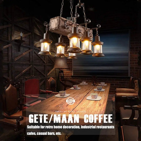 Rustic Farmhouse Linear Pendant Light With Wood Beam, Industrial Island Chandelier hanging over a wooden table in a cozy room.