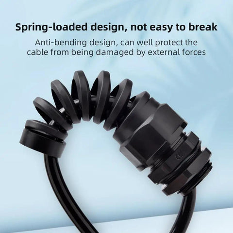 Close-up of Two Pack NPT Three Quarter Inch Waterproof Cable Gland Cord Grip Strain Relief Connector with spiral in black nylon