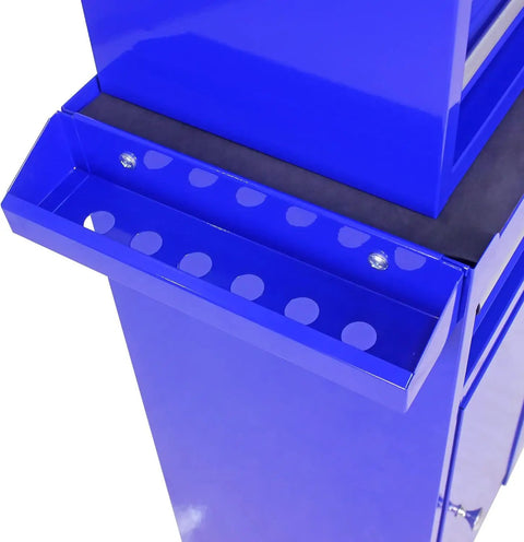 Close-up of blue Rolling Tool Cart With Five Drawers On Wheels Heavy Duty Steel Tool Chest For Garage And Warehouse Storage
