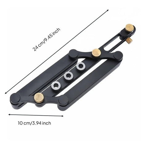 Precision Aluminum Dowel Jig Drill Guide showing threaded bushings, 24cm long and 10cm wide, ideal for woodworking joinery.