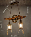 Retro Wood Pendant Lighting Fixture With Glass Shade And Black Metal Cage Frame hanging with dimensions