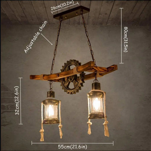 Retro Wood Pendant Lighting Fixture With Glass Shade And Black Metal Cage Frame hanging with dimensions