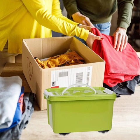 6 Pack Stick-On Adhesive Mini Swivel Caster Wheels For Furniture And Appliances on a green storage box in use