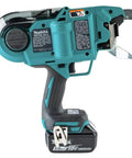 Makita 18 Volt LXT Brushless Cordless Deep Capacity Rebar Tying Tool Kit side view with 5 Amp Hour battery for construction use.