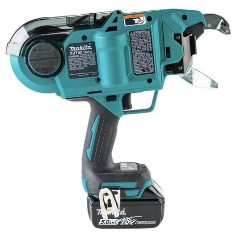 Makita 18 Volt LXT Brushless Cordless Deep Capacity Rebar Tying Tool Kit side view with 5 Amp Hour battery for construction use.