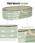 Raised Garden Beds Kit With Galvanized Planter Boxes 4x2x1 Ft Oval Outdoor Bed showing protective film removal details