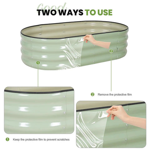 Raised Garden Beds Kit With Galvanized Planter Boxes 4x2x1 Ft Oval Outdoor Bed showing protective film removal details