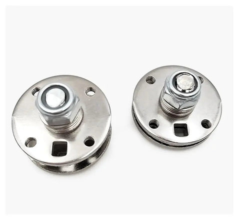 Front view of two round chrome damping shaft torque hinge bases with mounting holes.