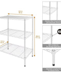Heavy Duty Three Tier Wire Shelving Rack With Adjustable Chrome Metal Storage Shelves Featuring 750 Lb Capacity Built Like A Tank For Real Garage Workhorse Organization Needs, showing dimensions and features.