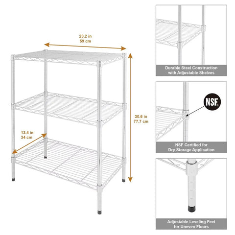 Heavy Duty Three Tier Wire Shelving Rack With Adjustable Chrome Metal Storage Shelves Featuring 750 Lb Capacity Built Like A Tank For Real Garage Workhorse Organization Needs, showing dimensions and features.