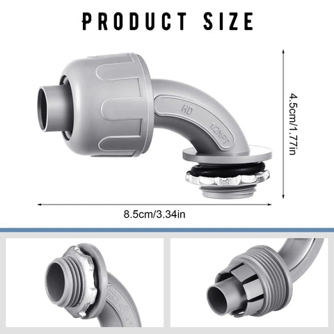 Flexible Non Metallic PVC Liquid Tight Conduit Connectors, 90 Degree Fittings, One Half Inch, size dimensions shown