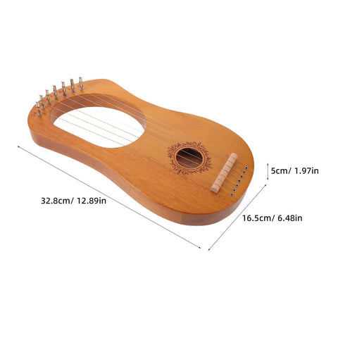 7 String Lyre Harp Starter Kit With Tuning Wrench Extra Strings And Music Sheet Book Wooden And Metal Mini Harp, dimensions shown