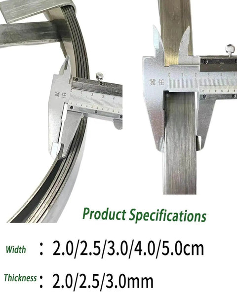 Badass Heavy Duty Steel Cable Drain Auger 20 Meter Long 5cm Wide Flat Bar Snake specifications showing width and thickness measurements.