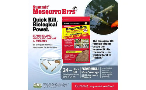 Kick Those Pesky Mosquitoes To The Curb With Premium Biological Bits For Yards And Garden Ponds Fast Acting Larvae Killer packaging in 30 oz bag.