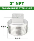 Two Pack Outer Square Thread Socket Pipe Plug Fitting 2 Inch NPT Male 304 Stainless Steel Corrosion Resistant Industrial Grade Plumbing Connector