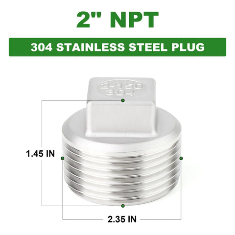 Two Pack Outer Square Thread Socket Pipe Plug Fitting 2 Inch NPT Male 304 Stainless Steel Corrosion Resistant Industrial Grade Plumbing Connector