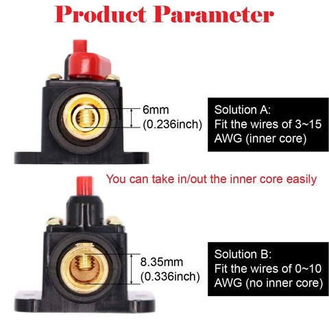 Diagram of 40 Amp Inline Circuit Breaker with Manual Reset Fuse Holder, showing wire fitting solutions for 12V-24V DC systems.