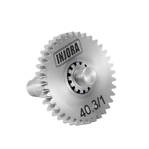Stainless Steel Transmission Gear Set 40.3 To 1 Low Range For TRX4M 1 By 18 RC Crawler showing closeup of gear teeth and pinion