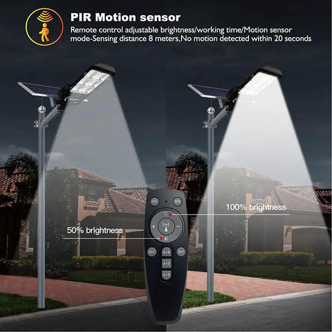 600W Solar Flood Light Mega Bright For Outdoors with remote control feature and motion sensor illuminating a street