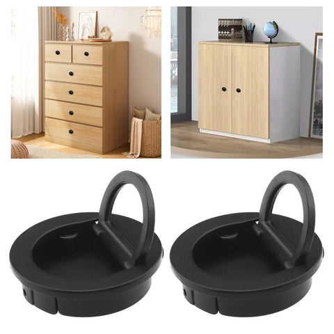 2 Pack Recessed Zinc Alloy Door Pull Handles With Screws, 40mm Flush Ring Pulls for cabinets and drawers, shown in black