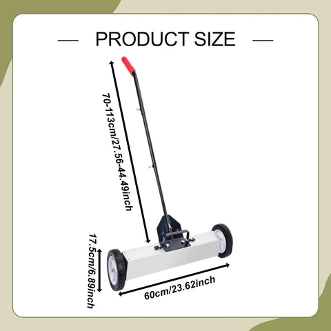 24 Inch Pick Up Sweeper With Sturdy Aluminum Alloy Handle For Workshop Iron Debris Collection, Adjustable Handle Extends From 70Cm To 113Cm, Smooth Gliding Wheels For Easy Metal Cleanup On Any Surface, Reliable And Efficient Tool For Shops