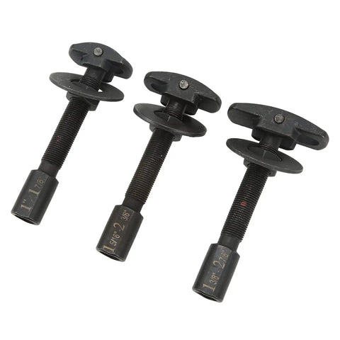 Thinking Process: 3-piece rear axle bearing removal kit, black carbon steel tools in 1-1/2, 2, and 2-1/8 inch sizes