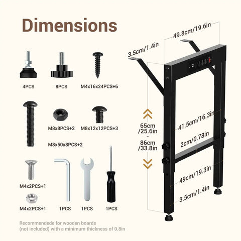 Heavy Duty Adjustable Workbench Legs With Power Outlets And Rubber Pads Set Of 4 Built Tough For DIY Computer Desk shown with dimensions