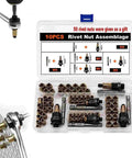 Real Deal Heavy Duty Rivet Nut Tool Set With Tough Carbon Steel Inserts In M3 M4 M5 M6 M8 Sizes For Car Repair And Sheet Metal Fabrication Drill Ready Pro Kit displayed in clear organizer with nuts and tools.