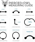 Pierced Owl measuring guide for different body jewelry styles like barbells and rings.