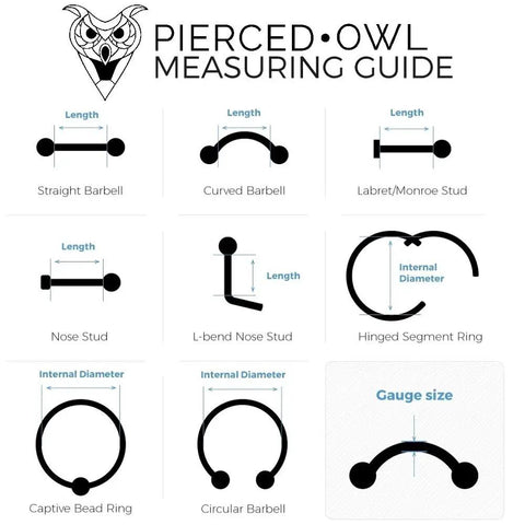 Pierced Owl measuring guide chart showing barbell, stud, ring length, internal diameter, and gauge size