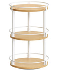 Three Tier Lazy Susan Rotating Spice Rack Featuring Smooth Ball Bearing Turntable System For Hassle Free Pantry Access White Natural Wood Countertop Organizer with three wooden shelves.