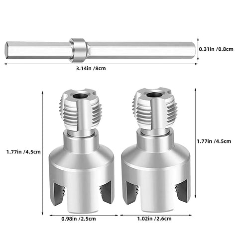 Portable Heavy Duty Plastic Pipe Threading Tool Kit For Half Inch And Three Quarter Inch Pipes With Carbon Steel Internal And External Threaders Built Tough As Nails For Home Plumbing Repairs And DIY Leak Fixes. carbon steel threaders shown with sizes