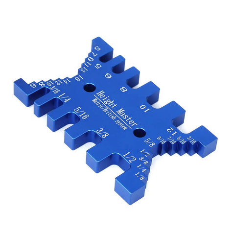 Pro Grade High Precision Aluminum Dovetail Caliper And Tenon Gauge For Woodworking Measuring Height And Gaps, Metric And Imperial, CNC Machined Aluminum Tool For Saw Tables And Machines MG016B blue aluminum height master gauge with metric and imperial scales
