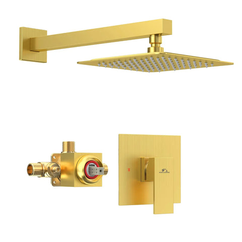 Brushed Gold Three Way Shower Set With Valve 8 Inch Square Shower Head Single Handle Trim Kit Extra Long 16 Inch Shower Arm