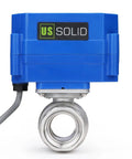 Three Quarter Inch Motorized Ball Valve 304 Stainless Steel NSF Certified Electric Actuator Normally Closed 9-24V DC 5-Wire Control Full Port, front view with blue actuator.
