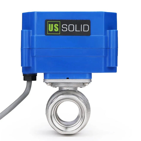 Three Quarter Inch Motorized Ball Valve 304 Stainless Steel NSF Certified Electric Actuator Normally Closed 9-24V DC 5-Wire Control Full Port, front view with blue actuator.