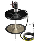 Heavy Duty Air Powered Grease Pump Is A True Heavy Hitter Delivering Knockout Eighty To One Pressure Ratio Includes No Nonsense Grease Gun Plus Twenty Foot Hose For Standard Drums with black and gold design.