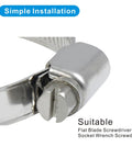 Close-up of stainless steel worm gear clamp showing screw for the 66-Piece Adjustable Stainless Steel Hose Clamp Set With 1/4 To 1-1/2 Inch Range Worm Gear Clamps, Beefy, Heavy Duty Automotive And Plumbing Clips For Hoses, Pipes, Radiators, Water Lines, Durable And Rust Resistant.