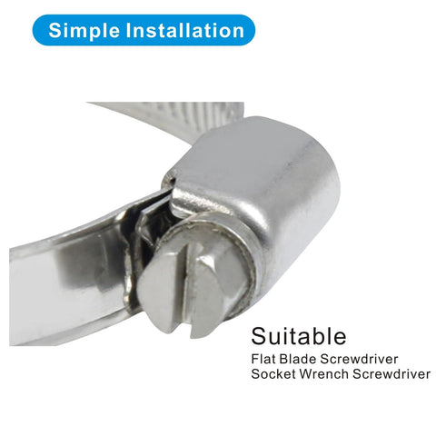 Close-up of stainless steel worm gear clamp showing screw for the 66-Piece Adjustable Stainless Steel Hose Clamp Set With 1/4 To 1-1/2 Inch Range Worm Gear Clamps, Beefy, Heavy Duty Automotive And Plumbing Clips For Hoses, Pipes, Radiators, Water Lines, Durable And Rust Resistant.