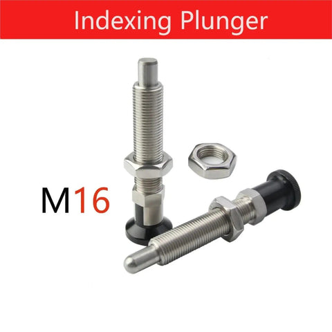 M16 Indexing Plunger Shop Grade Self Locking Reset Pin Featuring A Rock Solid Stainless Steel Spring And Comfort Grip Aluminum Knob. Close-up view of stainless steel indexing plungers with black knobs.