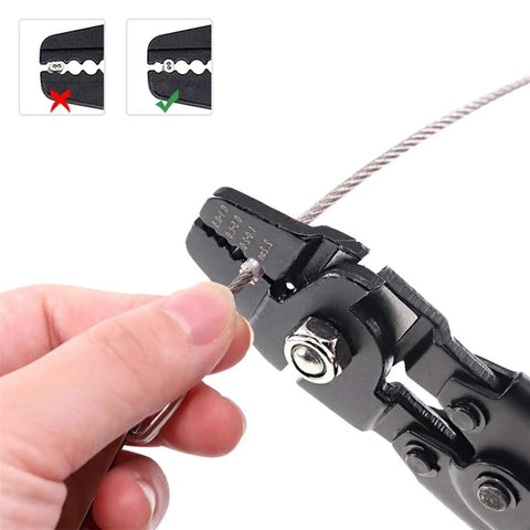 Heavy Duty Stainless Steel Crimping Pliers For Wire Rope And Heat Shrink Connectors in use, crimping wire with ergonomic grip.