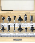Heavy Duty 12 Piece Tungsten Carbide Router Bits Set With Standard Quarter Inch Shank for Effortless Woodworking and DIY Fixes, organized in wooden case.