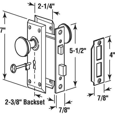 Replacement Mortise Keyed Lock Set With Satin Nickel Knob For One And Three Eighths To One And Three Quarters Inch Interior Doors Ideal For Replacing Broken Antique Lock Sets And More Single Pack, with detailed measurements diagram showing lock dimensions and components.