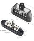Heavy Duty 3 Circuit Power Distribution Bus Bar Terminal With Reinforced Polycarbonate Cover Straight Up Solid Marine Audio Wiring Kit close-up image showing dimensions and stainless steel hardware.
