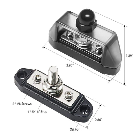 Heavy Duty 3 Circuit Power Distribution Bus Bar Terminal With Reinforced Polycarbonate Cover Straight Up Solid Marine Audio Wiring Kit close-up image showing dimensions and stainless steel hardware.