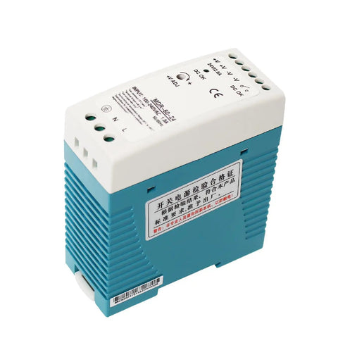 Beefy Industrial Grade 24V DC DIN Rail Power Supply 60W 2.5A MDR60 24 With Wide 100 To 240 VAC Input, shown at an angle.