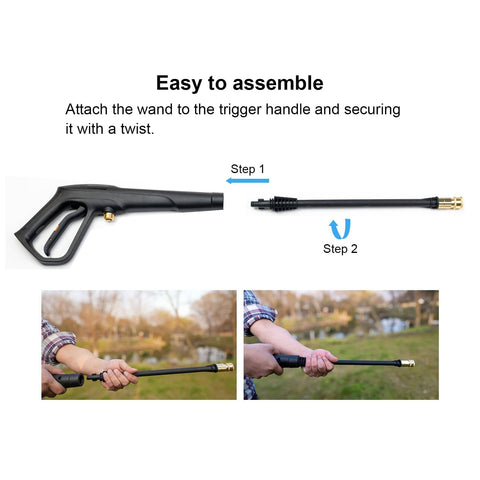 Assembly steps of Pressure Washer Gun Set Universal Fit Heavy Duty With 2320 PSI Max 5000 PSI Burst showing connecting the wand.