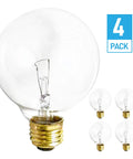 Four Pack G25 Globe Light Bulbs 25W Incandescent 2700K Soft White E26 Base Dimmable Crystal Clear Vanity Lights For Makeup Mirror Bathroom And Pendant Fixtures Built For A Get Ready Glow, showing globe bulb with filament and E26 base, 4-pack label.